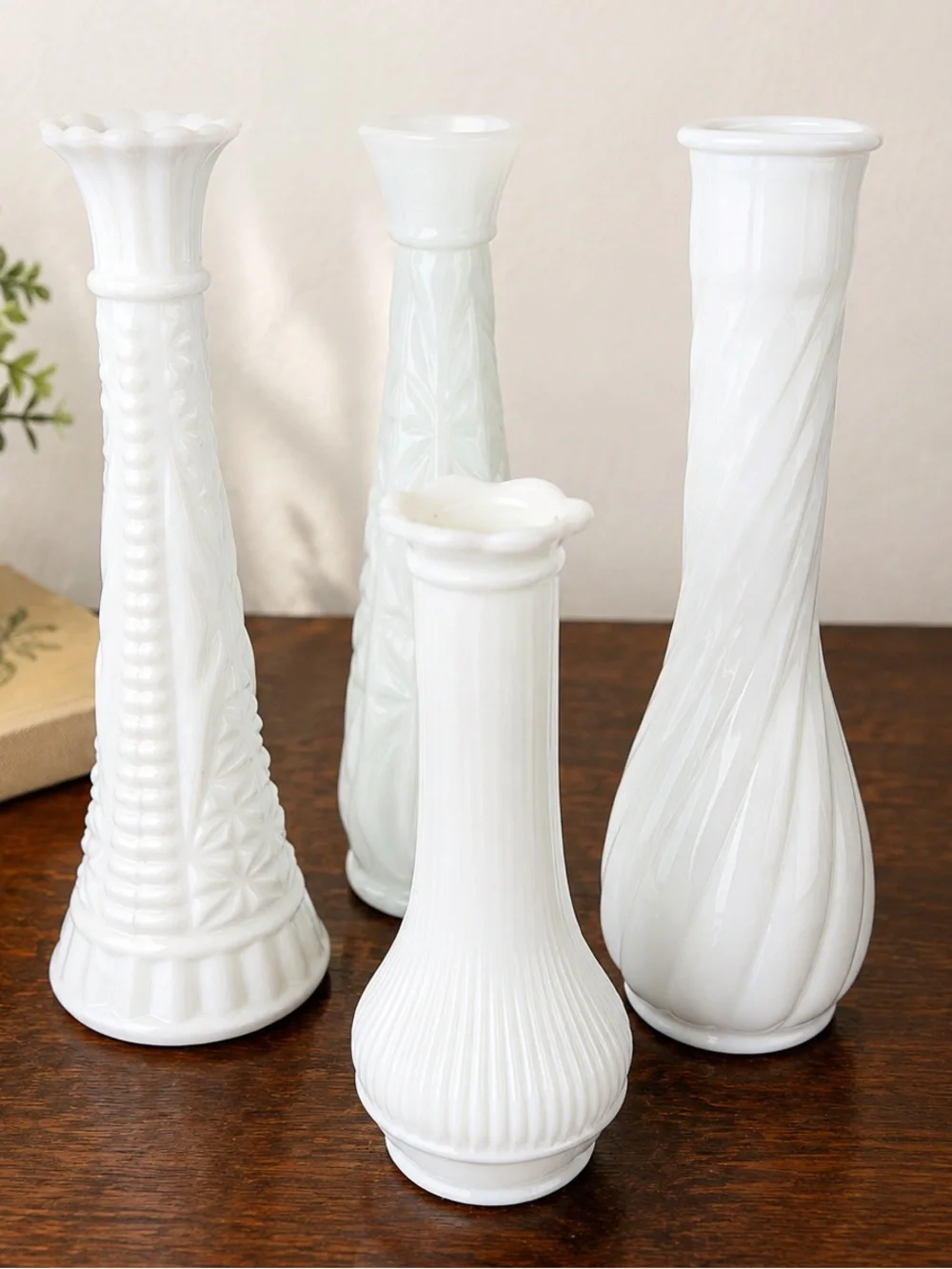 Vintage Milk Glass Bud Vases Set of 4 White Embossed Textured Floral Vases